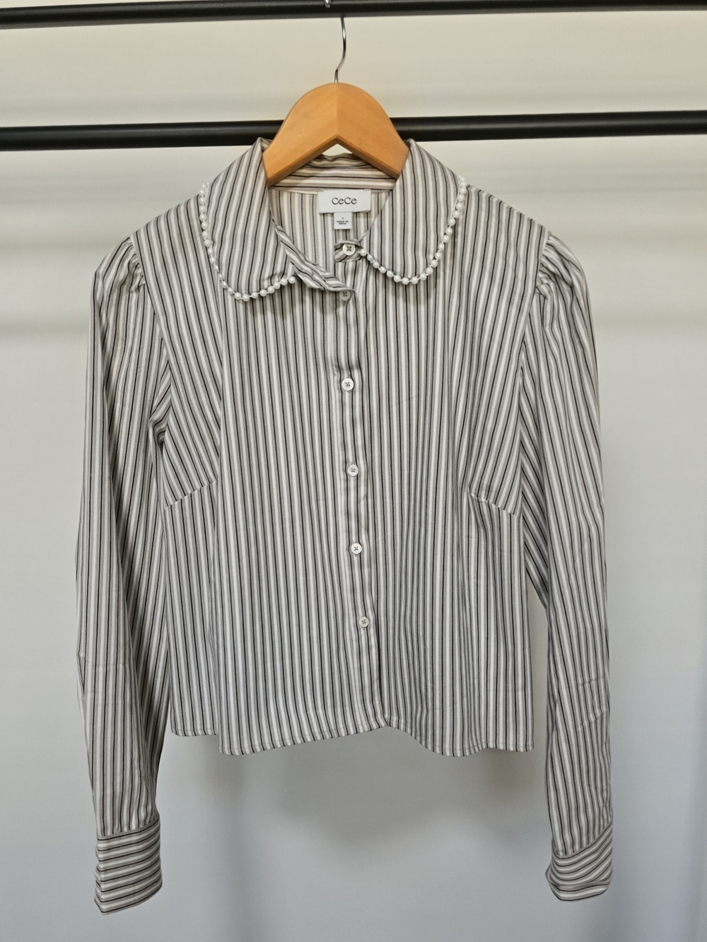 CeCe Gray and White Striped Pearl-Trim Button Front Blouse